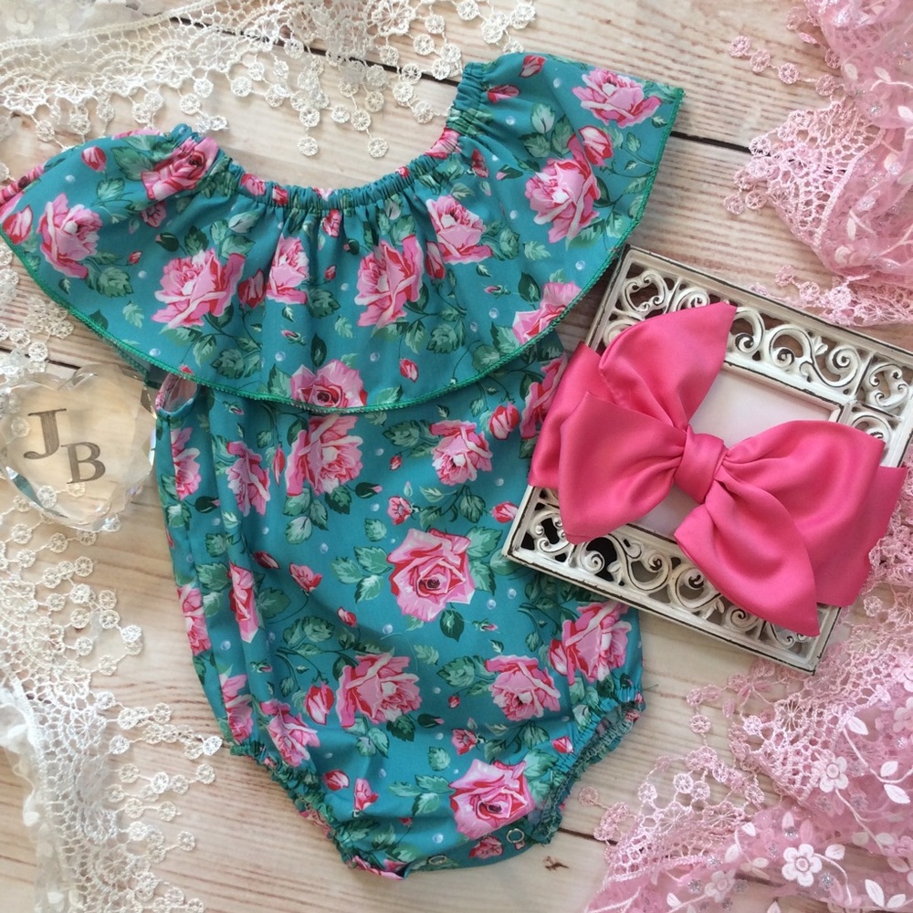 Baby Girl Turquoise & Rose Romper with Headband